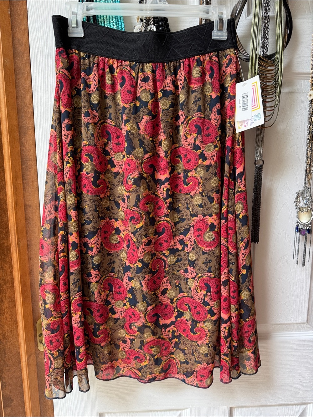 LuLaRoe Pink Paisley Midi Skirt with Navy and Olive Accents